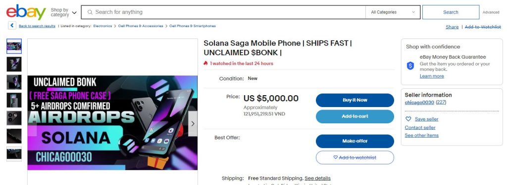 Solana Saga đã có người niêm yết bán đến 5000$ trên ebay